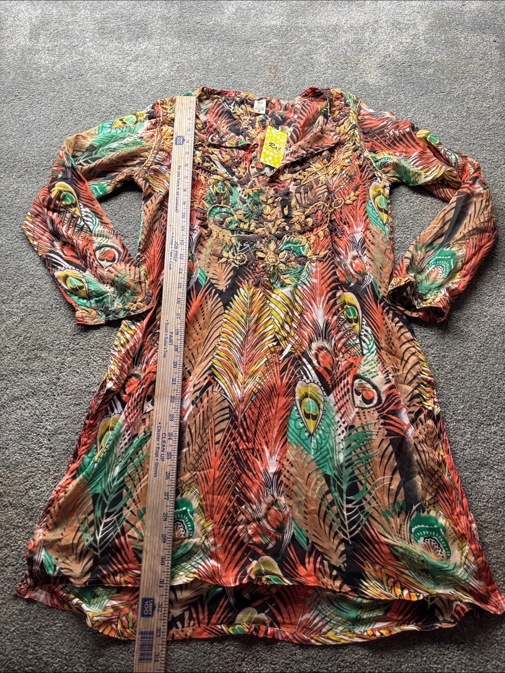 Raj Multicolor Feather-Print Long-Sleeve Tunic Dress